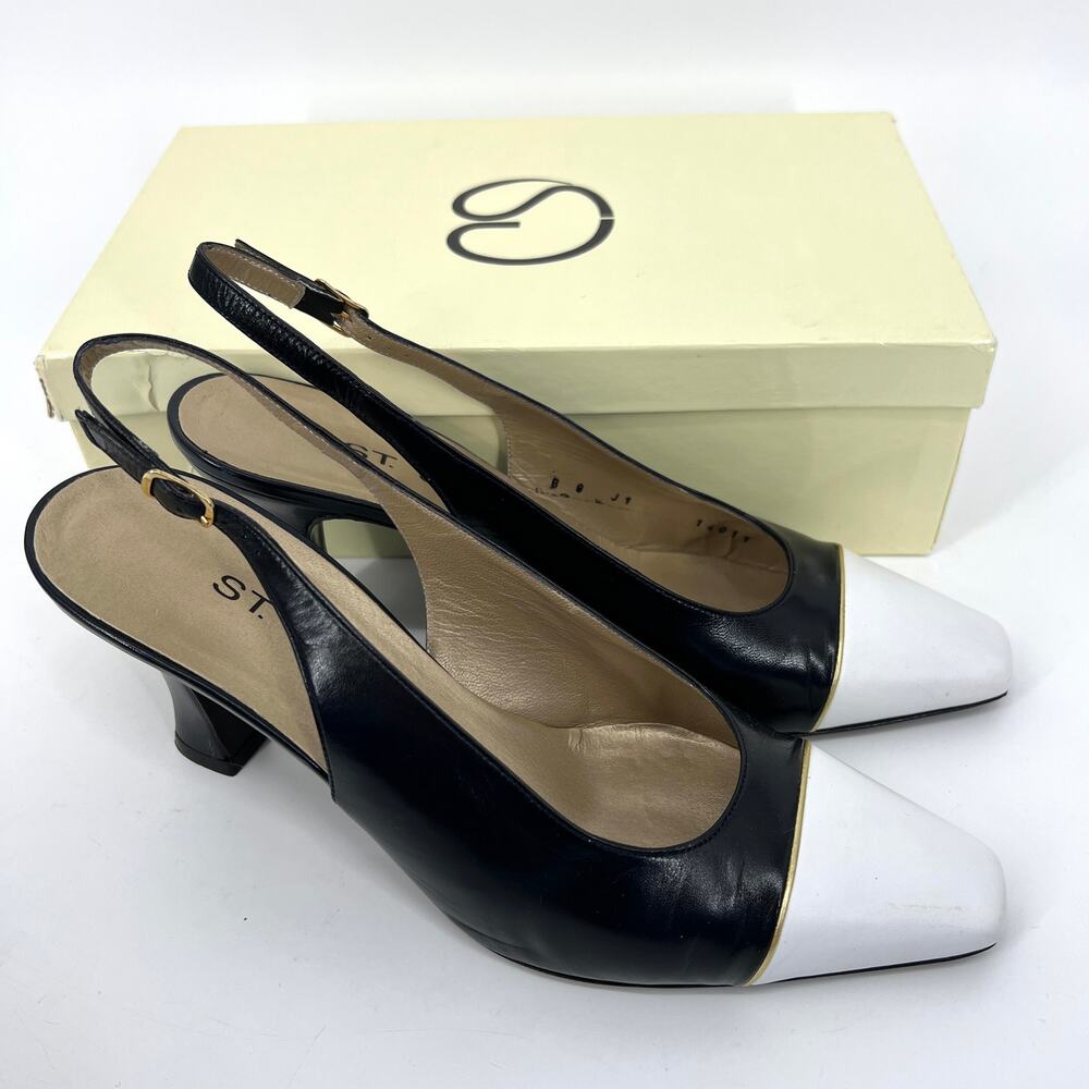 St. John Italy Black White Leather Slingback Heels Shoes Size 8 with Box